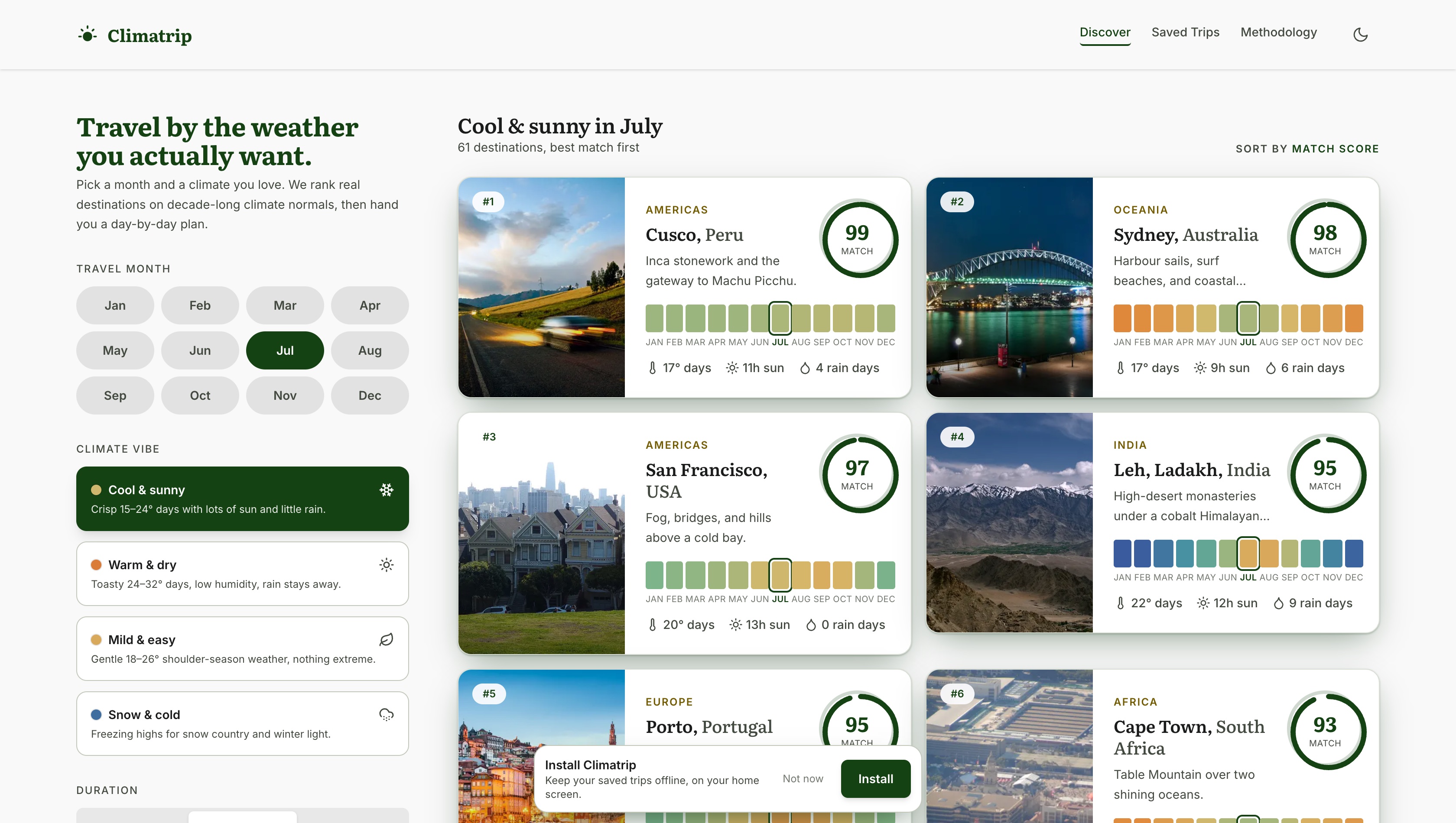 Climatrip — discovery grid of destinations with 12-month climate strips and match scores