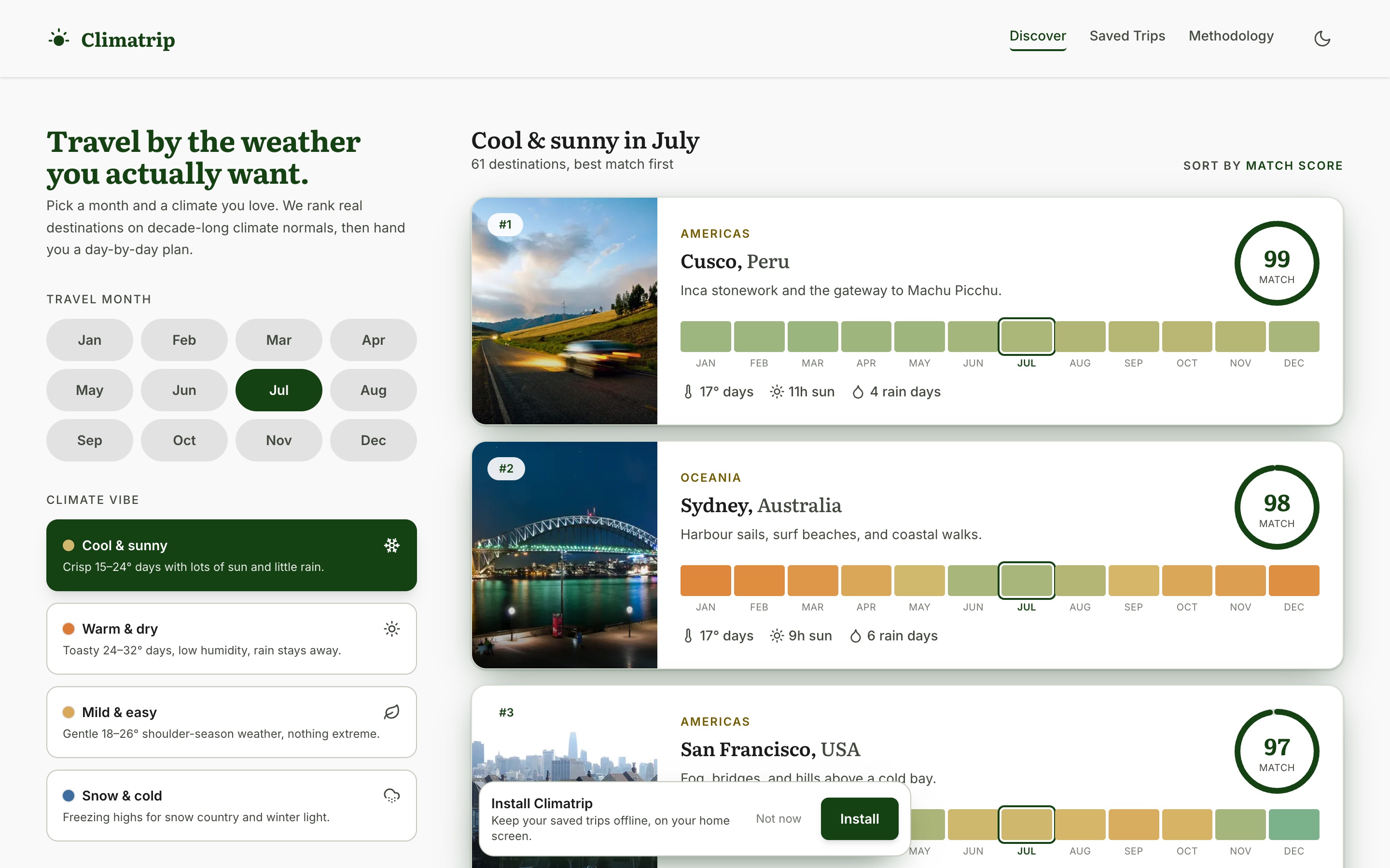 Climatrip — pick a month and climate vibe, destinations ranked by real ERA5 climate normals