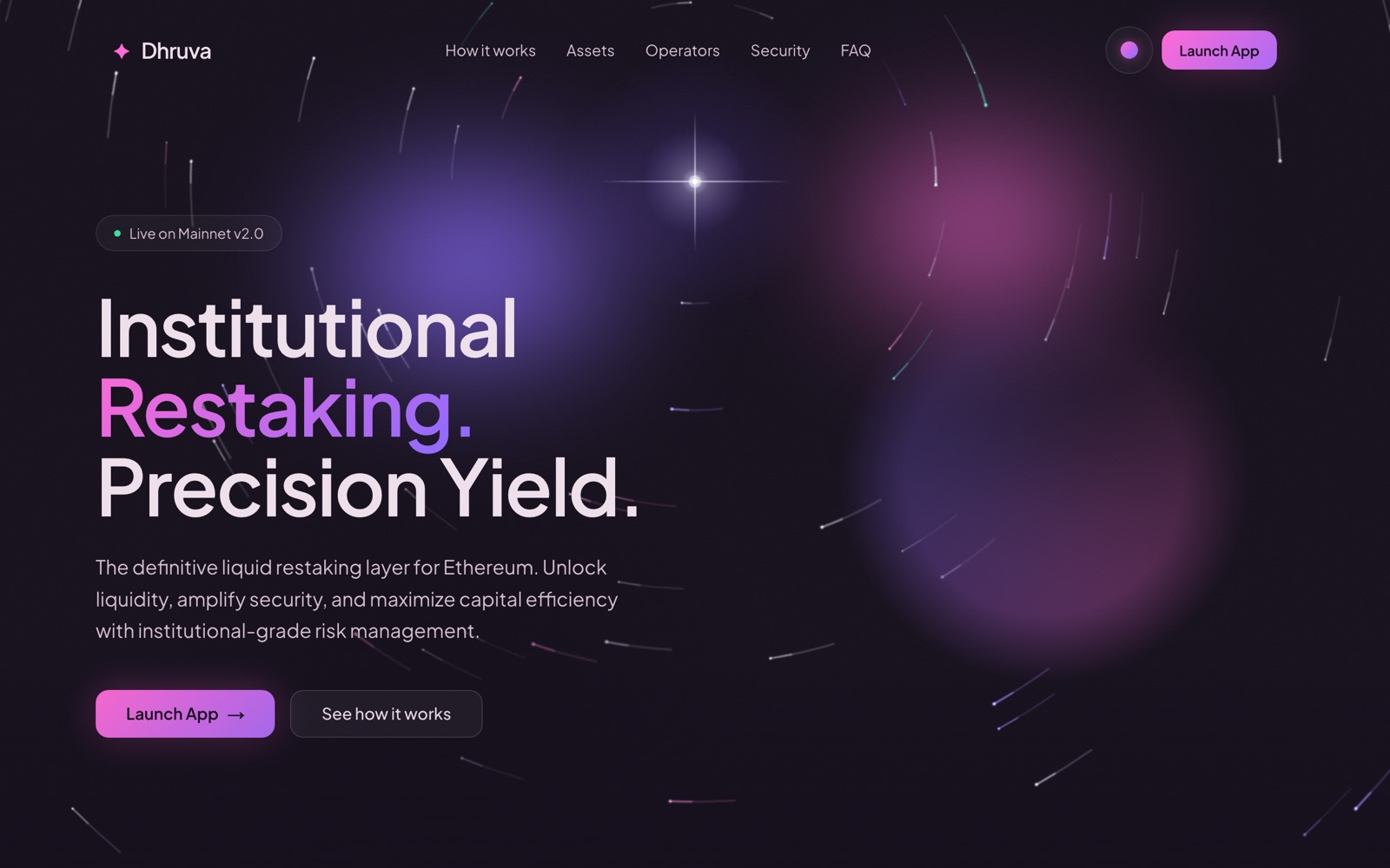 Dhruva landing page — star-trail hero