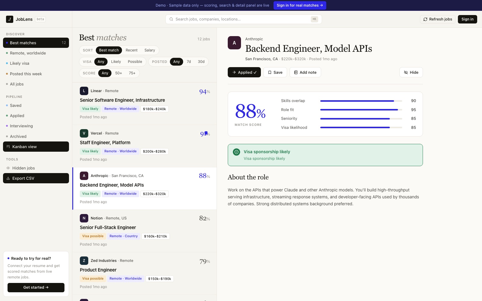 JobLens — job detail with skills, seniority and visa score breakdown