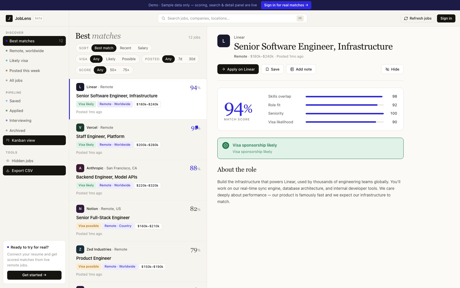 JobLens — best matches dashboard with per-job match scores