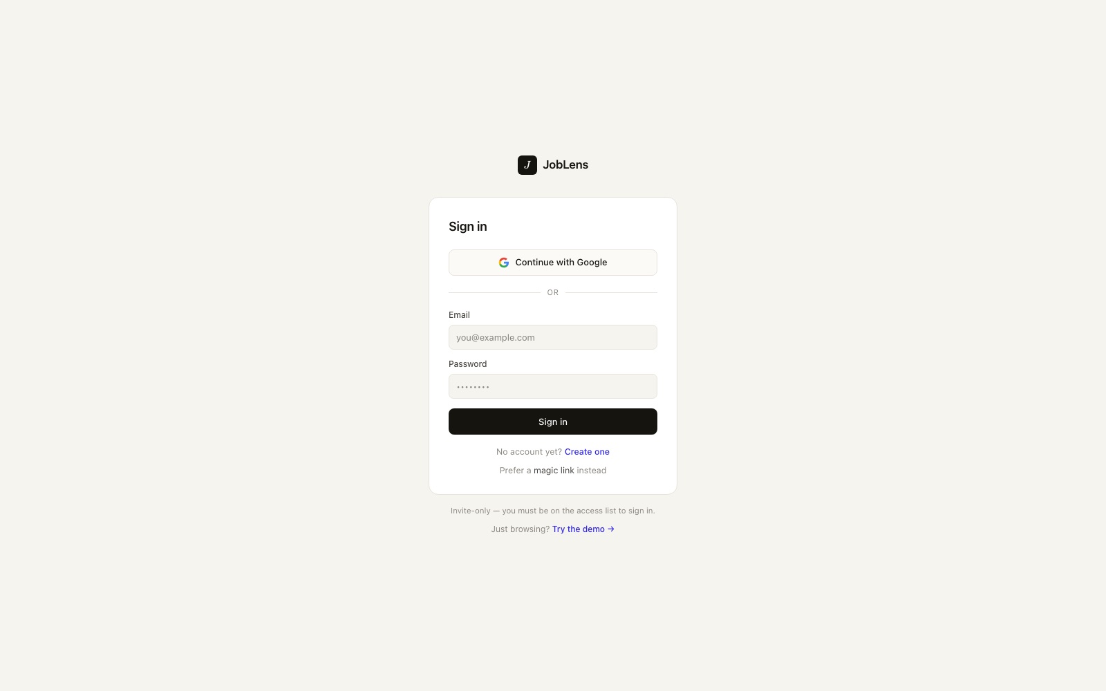 JobLens — invite-only sign-in with Google OAuth and magic link