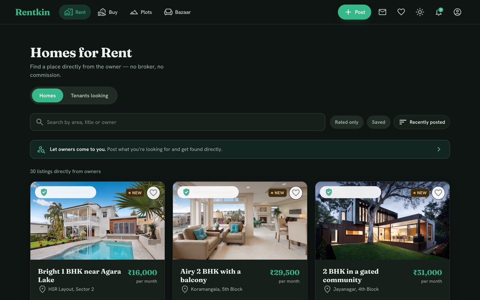Rentkin — homes-for-rent listings grid, direct from owners
