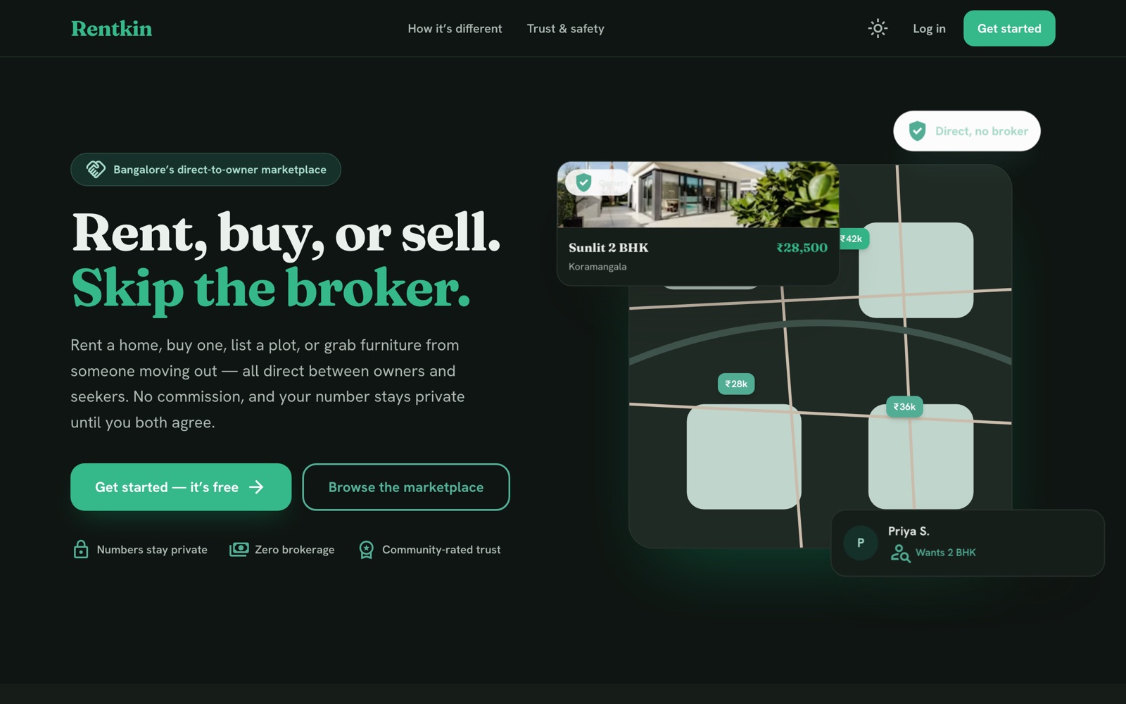 Rentkin landing — rent, buy, or sell direct, no brokers