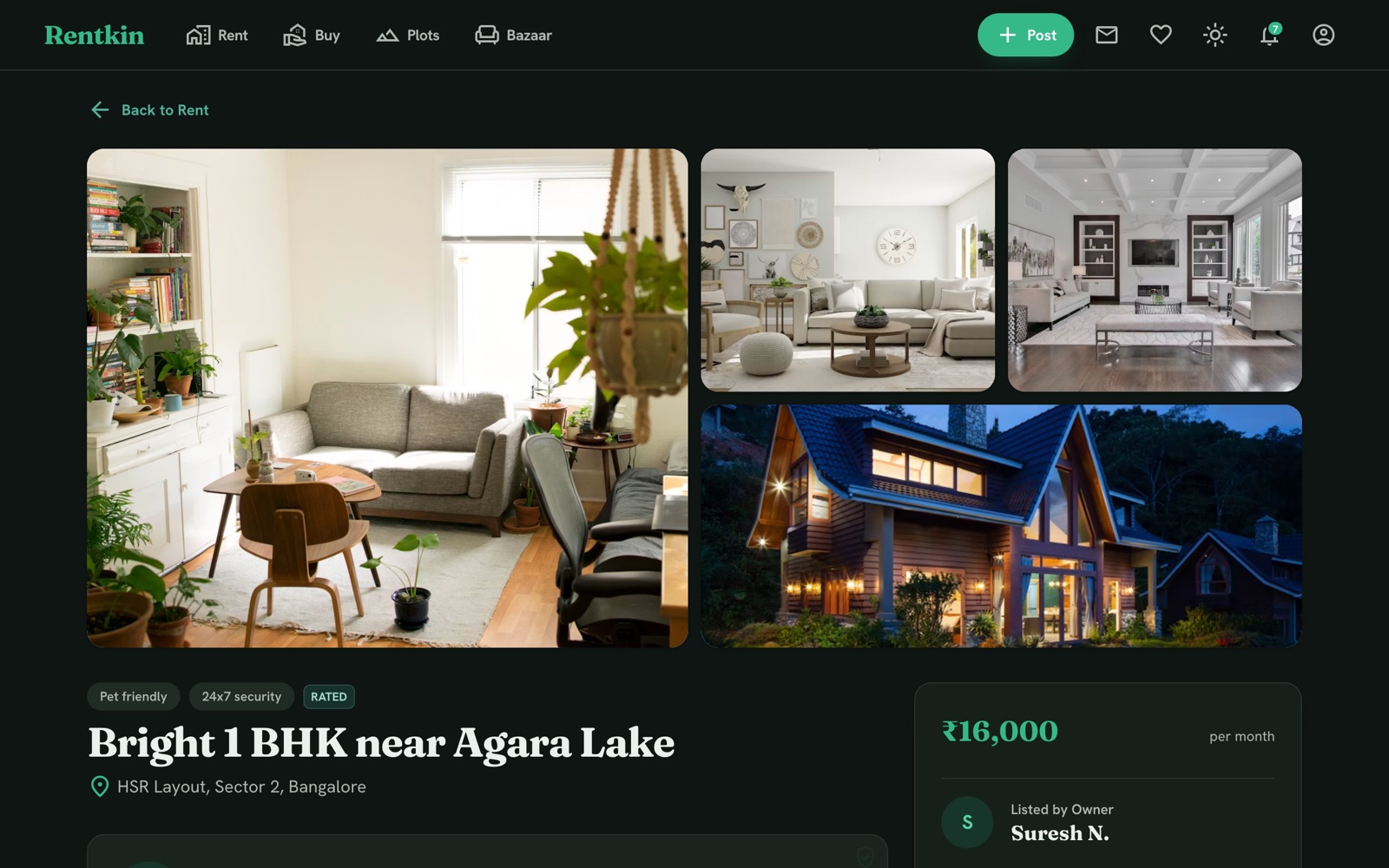 Rentkin — listing detail with photo gallery and owner contact