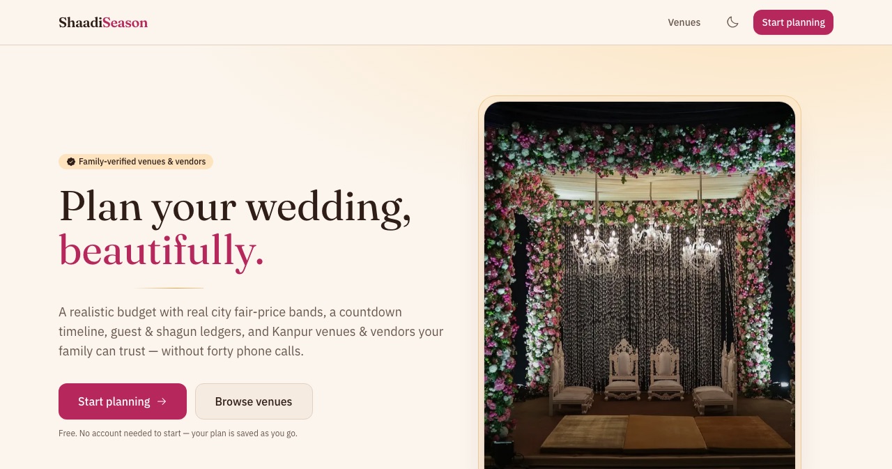 ShaadiSeason — editorial 'Plan your wedding, beautifully' hero with a flower-decorated mandap, budget planner and family-verified directory