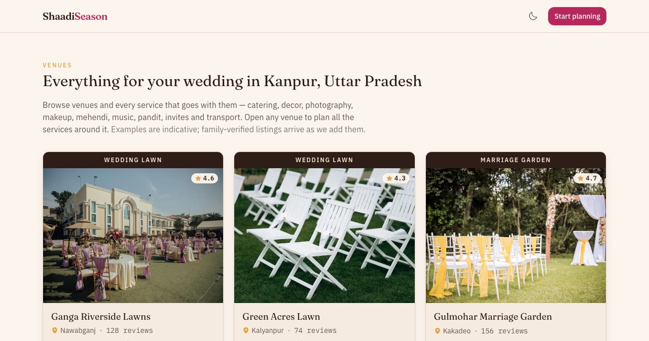 ShaadiSeason — Kanpur directory of venues and vendors with ink-and-gold ribbon cards, per-plate catering prices and ratings