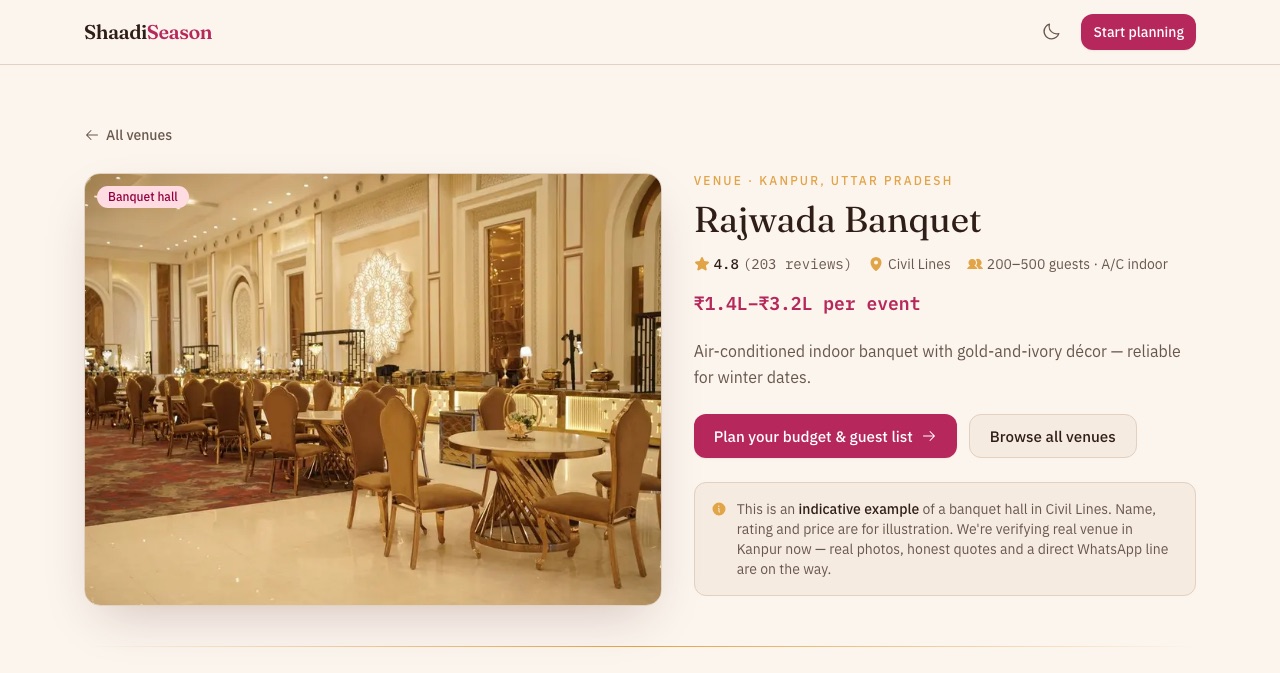 ShaadiSeason — a venue detail page acting as a hub, listing every service (catering, decor, photography, makeup, music) to book around it